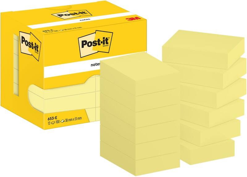 Post-it Zelfklevende memoblaadjes 653-E 38 x 51 mm 100 Vellen per blok Geel Pak van 12