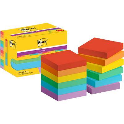 compenseren Vriendin Scheur Post-it Super Sticky Notes 622-12SS-PLAY 47,6 x 47,6 mm 90 Vellen per blok  Blauw, geel, groen, paars, oranje, rood Vierkant Effen Pak van 12 | Viking  Direct BE