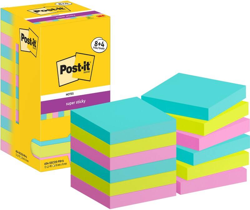Notes Super Sticky Post-it Cosmic Colours Carré 76 x 76 mm Page blanche Assortiment 654-SSCOS-P8/+4 90 feuilles Pack économique 8+4 gratuit