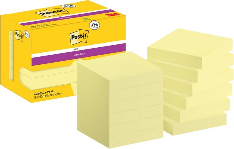 Post-it Super Sticky Notes vierkant 47,6 x 47,6 mm blanco geel 622-SSCY-P8/+4 90 12 stuks à 90 vellen (8+4 gratis)
