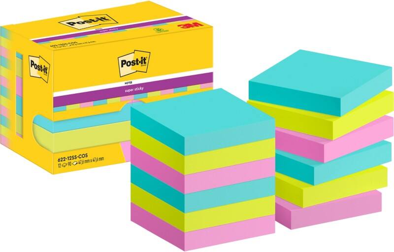 Post-it Super Sticky Notes 622-12SS-COS 47.6 x47.6 mm 90 Vellen per blok Groen, roze, turkoois Vierkant Effen Pak van 12