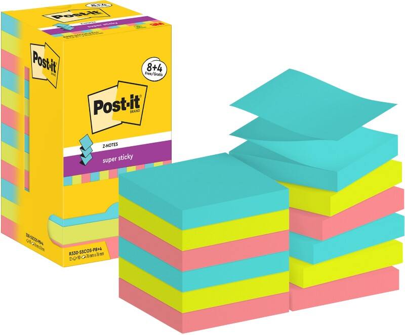 Z-Notes Super Sticky Post-it Cosmic Colours Carré 76 x 76 mm Page blanche Assortiment R330-SSCOS-P8/+4 90 feuilles Pack économique 8+4 gratuit