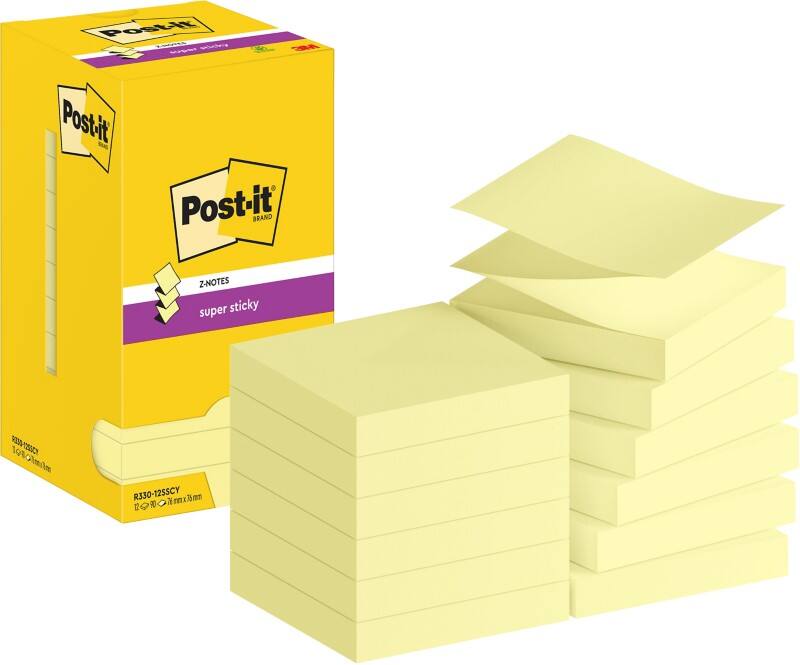 Post-it Super Sticky Z-notes R330-12SSCY 76 x 76 mm 90 Vellen per blok Geel Pak van 12