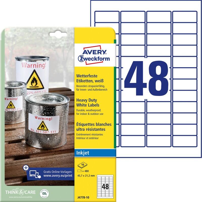 Avery Waterbestendige folie-etiketten J4778-10 Klevend A4 Wit 45,7 x 21,2 mm 10 Vellen à 48 Etiketten