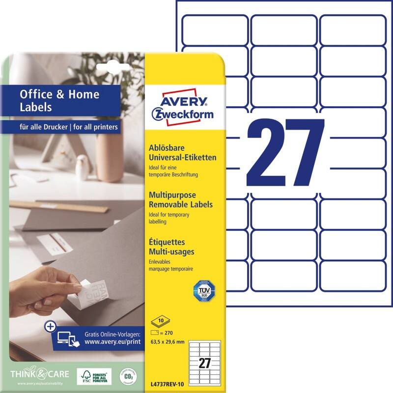 Étiquettes multifonctions Avery L4737REV-10 Adhésif A4 Blanc 6,35 x 32,7 x 2,96 cm 10 Feuilles de 27 Étiquettes