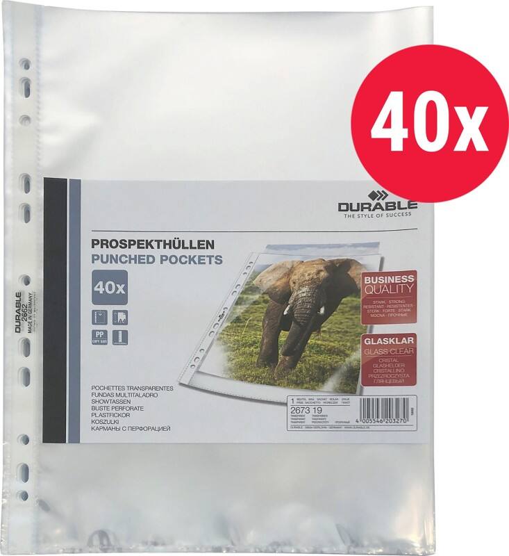 Pochettes perforées DURABLE Business  A4 Transparent 60 microns PP (Polypropylène) Ouverture par le haut 11 perforations 2673 40 unités