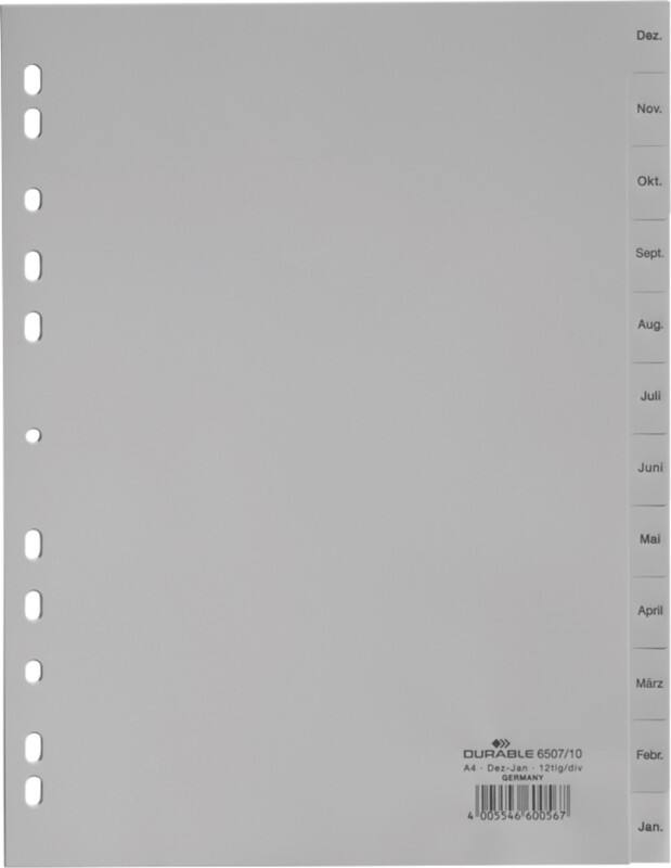 DURABLE Dec - Jan Maand-tabbladen A4 Grijs 12 tabs PP (Polypropeen) 11 Gaten 6507