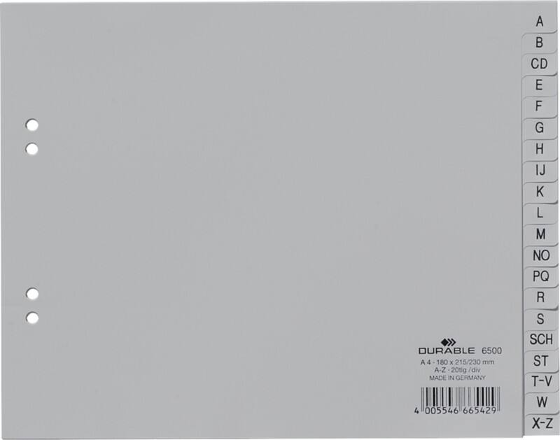 DURABLE A - Z Alfabetische tabbladen A4 Grijs 20 tabs PP (Polypropeen) 4 Gaten 6500
