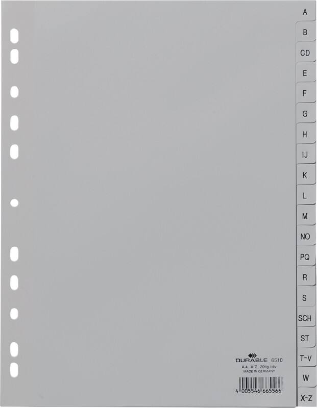 Intercalaires alphabétiques A - Z DURABLE A4 Gris 20 intercalaires PP (Polypropylène) 11 Perforations 6510