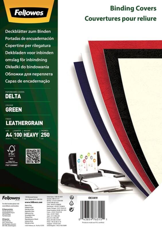 Couverture pour reliure Fellowes Delta A4 Pâte à papier Vert 100 Unités