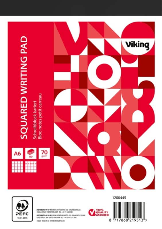 Bloc-notes Viking A6 Quadrillé Agrafées Reliure supérieure Papier Couverture souple Rouge Perforé 160 Pages 5 Unités