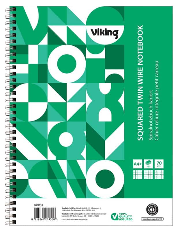 Cahier Viking A4+ Quadrillé Reliure à double fil Reliure latérale Papier Couverture souple Vert Perforé 200 Pages