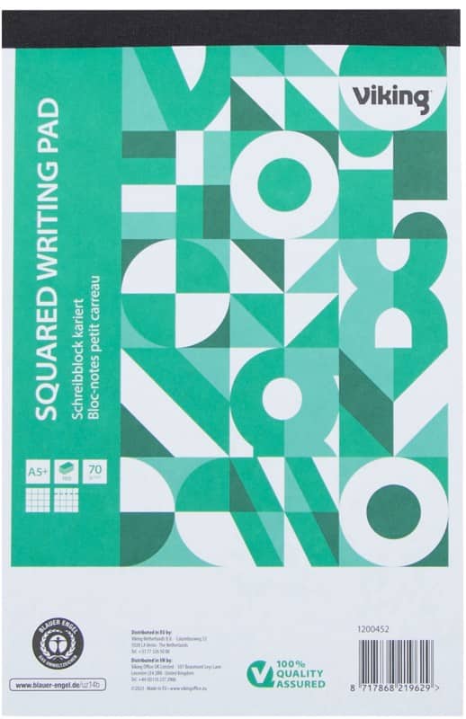 Bloc-notes Viking A5+ Quadrillé Reliure supérieure Papier Couverture souple Vert Perforé 200 Pages 100 Feuilles