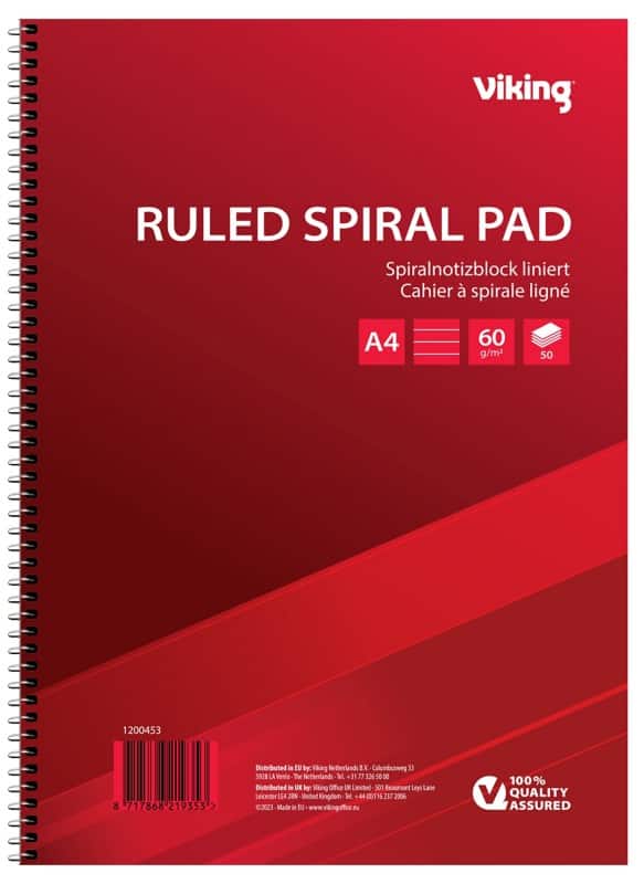 Cahier Viking A4 Ligné Reliure spirale Reliure latérale Papier Couverture souple Rouge Perforé 100 Pages 5 Unités