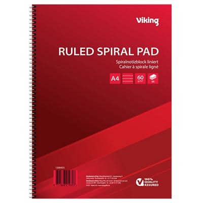 Cahier Viking A4 Ligné Reliure spirale Reliure latérale Papier Couverture souple Rouge Perforé 100 Pages 5 Unités