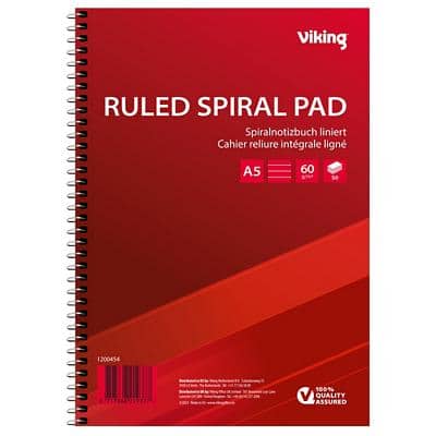 Cahier Viking A5 Ligné Reliure spirale Reliure latérale Papier Couverture souple Rouge Perforé 100 Pages 5 Unités