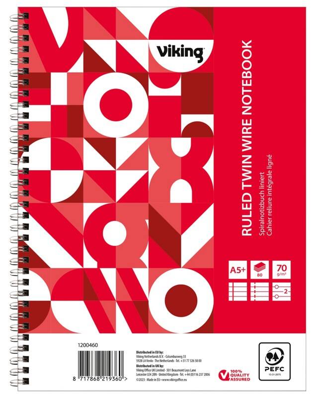 Cahier Viking A5+ Ligné Reliure à double fil Reliure latérale Papier Couverture souple Rouge Perforé 2 Perforations 160 Pages 5 Unités