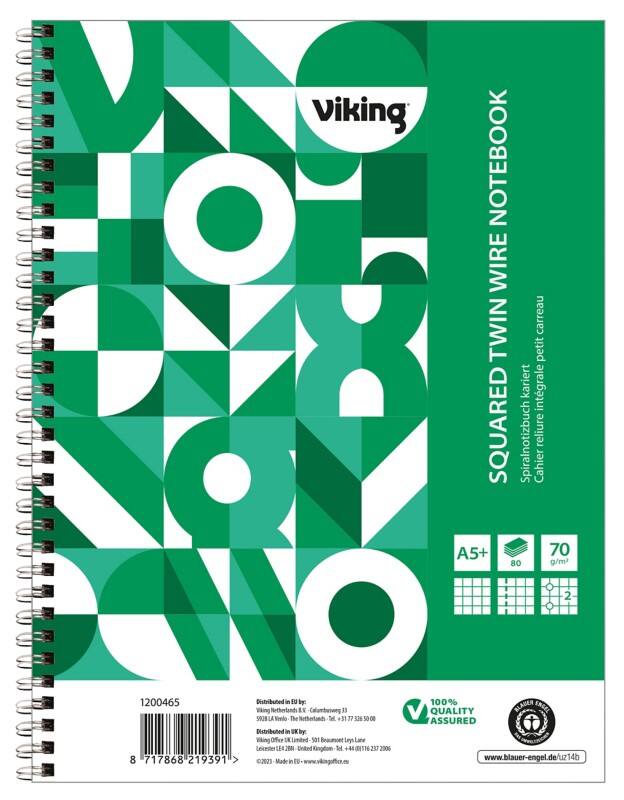 Cahier Viking A5+ Quadrillé Reliure à double fil Reliure latérale Papier Couverture souple Vert Perforé 160 Pages