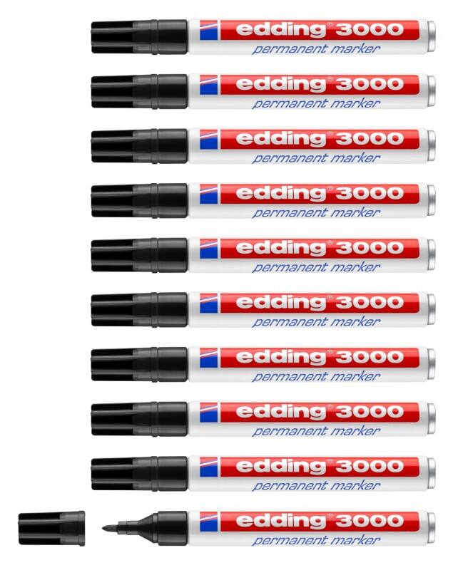 edding 3000 Permanentmarker 100% Gerecycled Medium Ronde punt 1,5 - 3 mm Zwart Navulbaar Waterbestendig 10 Stuks