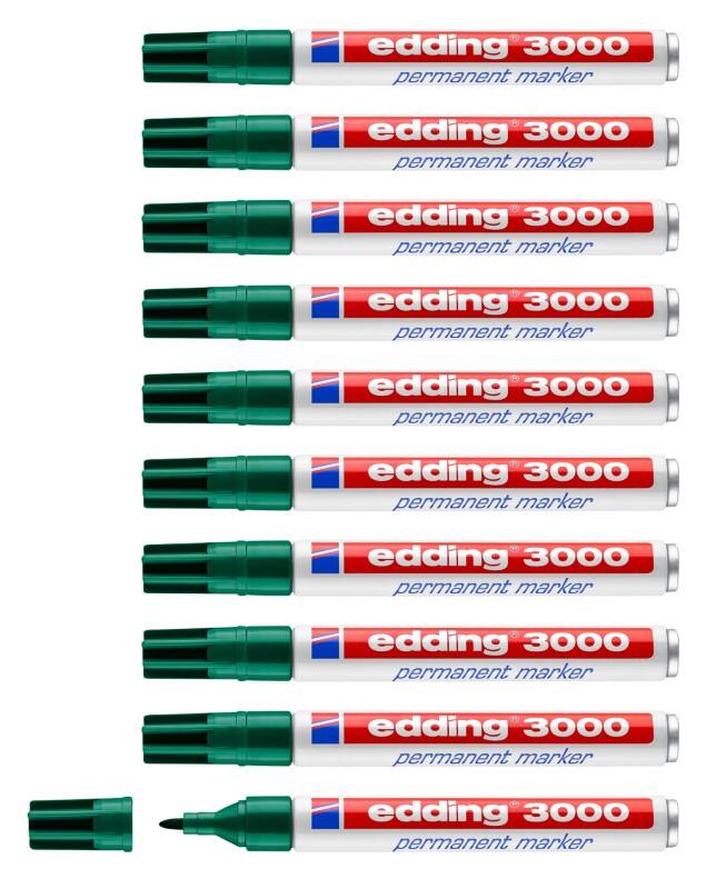 edding 3000 Permanentmarker 100% Gerecycled Medium Ronde punt - 3 mm Groen Navulbaar Waterbestendig 10 Stuks