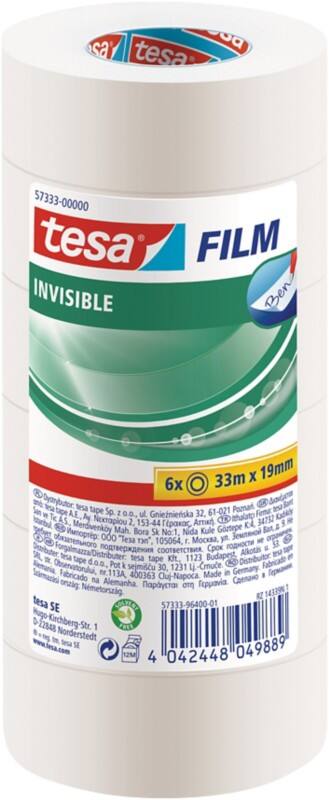 tesa Plakband tesafilm invisible 57333 Melkachtig transparant 19 mm (B) x 33 m (L) PP (Polypropeen) 6 Stuks