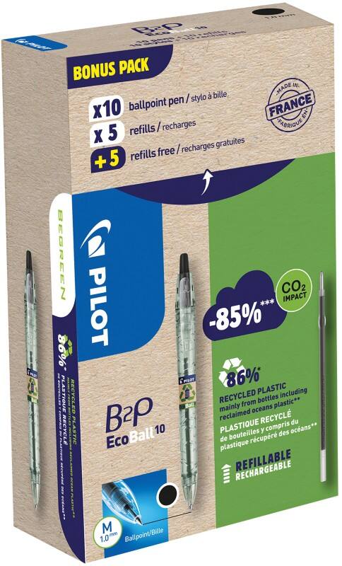 Stylo-bille Pilot B2P Ecoball Noir Pointe Moyenne 0,4 mm Lot de 10 stylos et 10 recharges