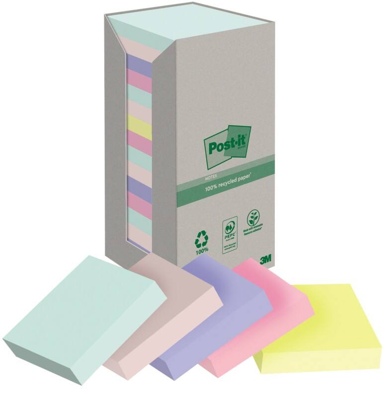 Notes adhésives Post-it Recycled Assortiment 76 x 76 mm 100 feuilles Paquet de 16