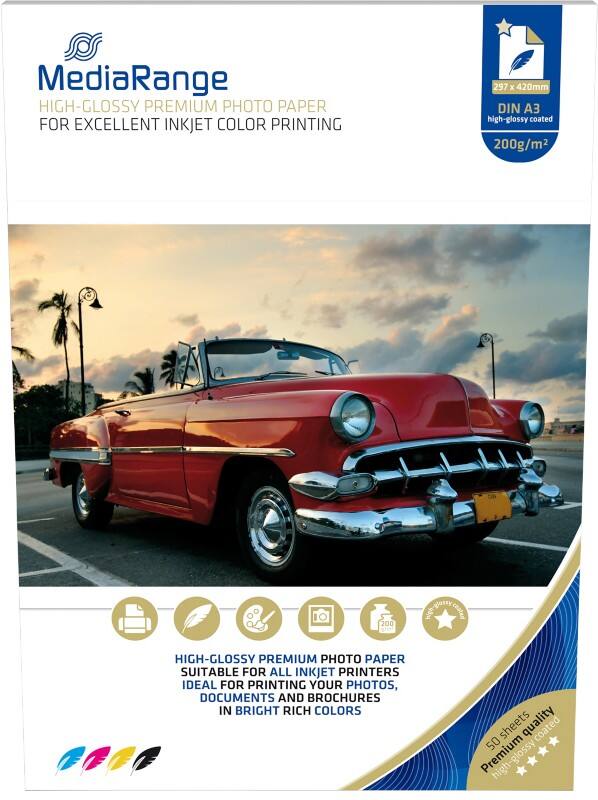 Papier photo MediaRange Jet d'encre Brillant A3 200 g/m² Blanc 50 Feuilles