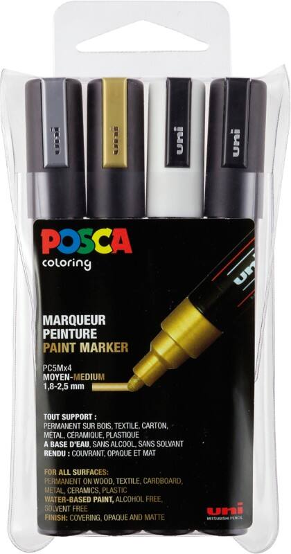 Marqueur peinture POSCA PC-5M Assortiment Moyenne Ogive 1,8 - 2,5 mm  4 Unités