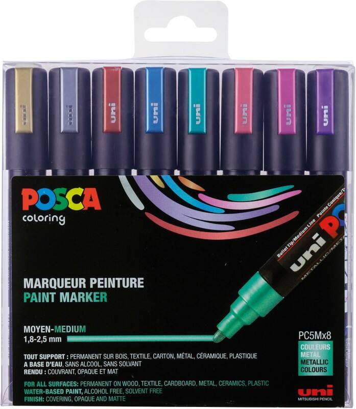 Marqueur peinture POSCA PC-5M Assortiment Moyenne Ogive 1,8 - 2,5 mm  8 Unités