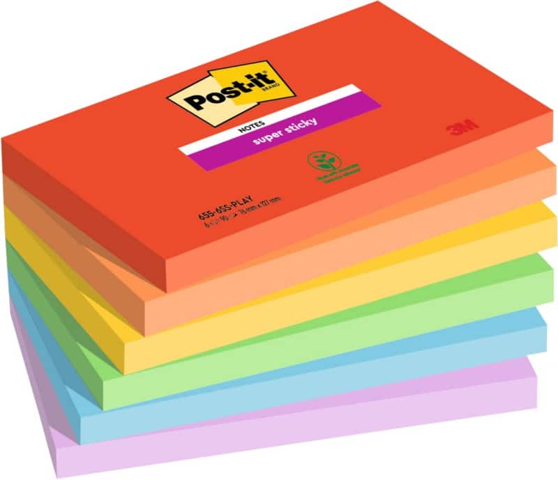 Post-it Playful Collection Super Sticky Notes Rechthoekig 127 x 76 mm Blanco Kleurenassortiment 90 6 Stuks à 90 Vellen