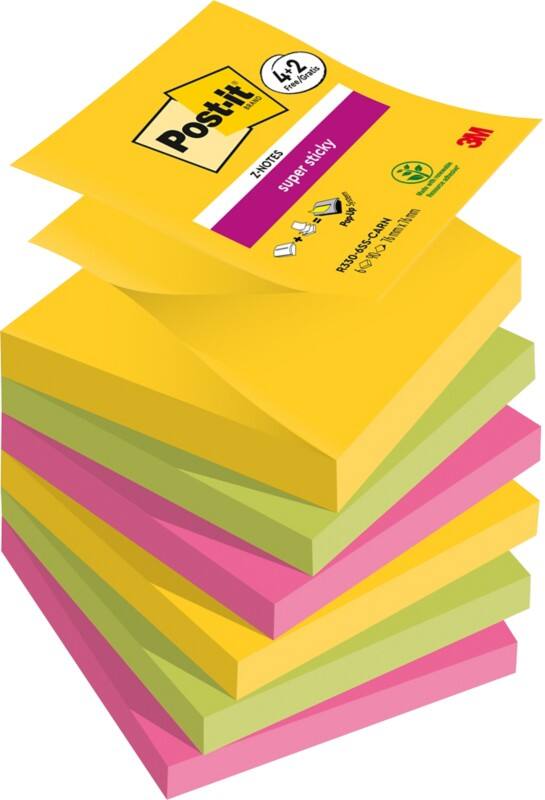 Post-it Carnival Collection Super Sticky Z-Notes Vierkant 76 x 76 mm Blanco Kleurenassortiment 90 Vellen Voordeelpak 4 blokken + 2 GRATIS
