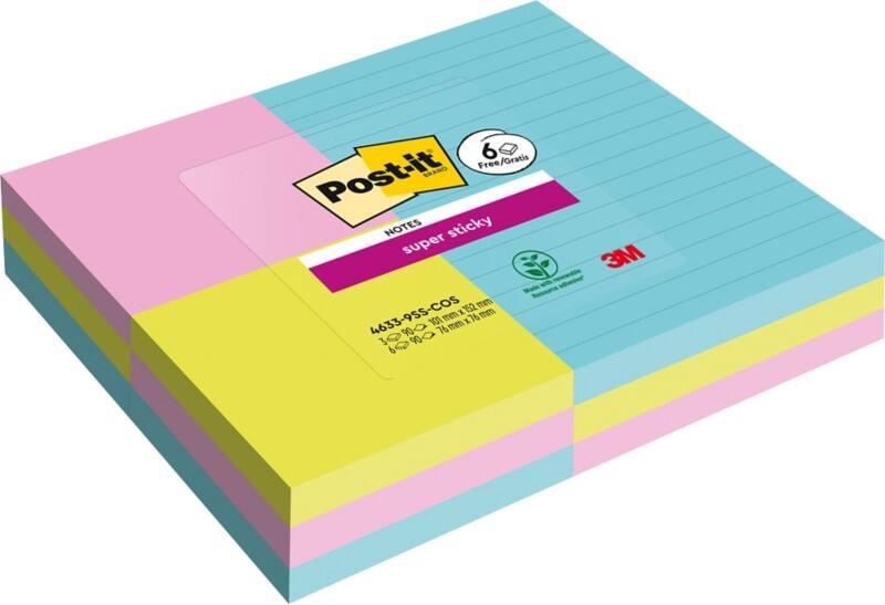 Post-it Cosmic Collection Super Sticky Notes Rechthoekig Gelinieerd Kleureassortiment 4633-9SS-COS 3 Blokken 101 x 152 mm + 6 Blokken 76 x 76 mm GRATIS