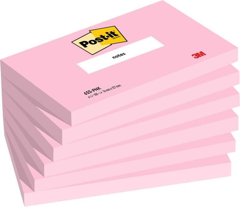 Post-it Post-it Notes Gekleurde memoblaadjes 127 x 76 mm Blanco Roze 655-PNK 100 6 Stuks à 100 Vellen