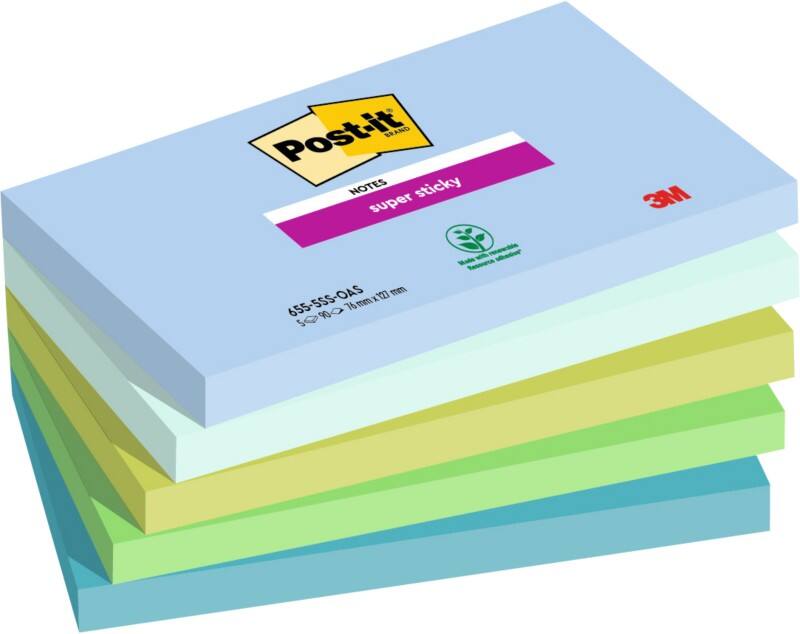 Post-it Super Sticky memoblaadjes 76 x 127 mm Blauw, groen Rechthoekig Blanco 5 blokken van 90 vel