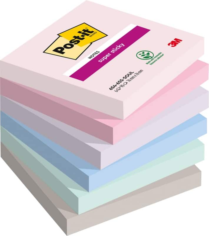Post-it Super Sticky Notes Soulful 76 x 76 mm Kleurenassortiment 90 Vellen Pak van 6