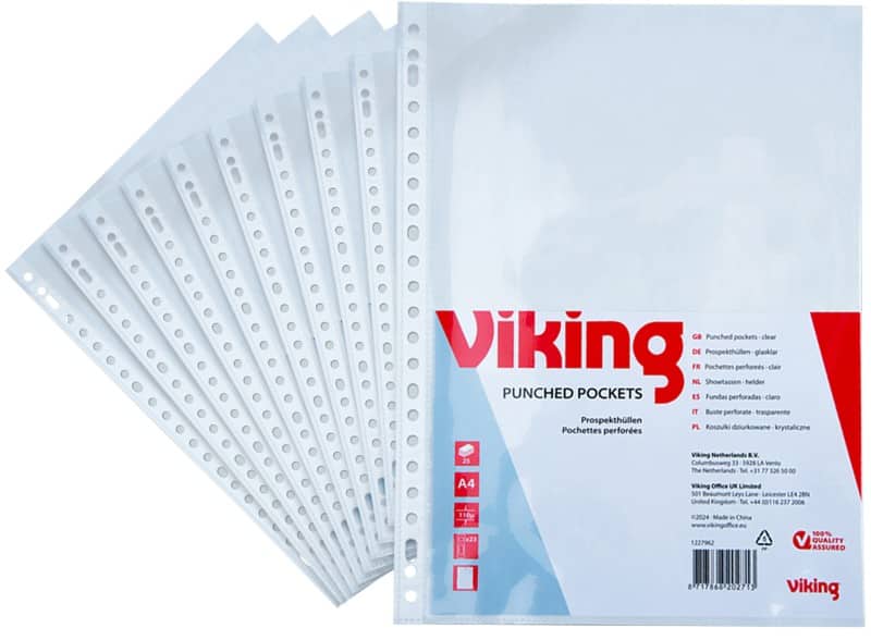 Viking Showtassen A4 Glashelder Transparant 110 micron PP (Polypropeen) Boven 23 Gaten 25 Stuks