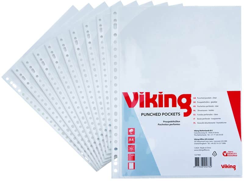 Viking Showtassen A4 Glashelder Transparant 80 micron PP (Polypropeen) Boven 23 Gaten 50 Stuks