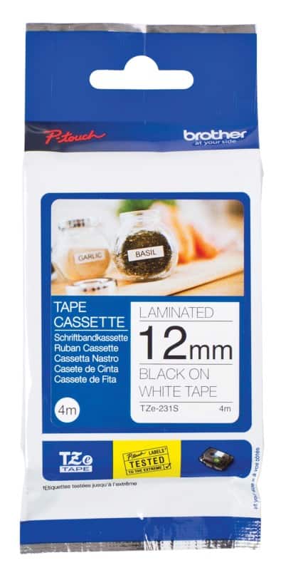 Ruban d'étiquettes Brother TZe-231S 12 mm Noir sur blanc 4 m de long