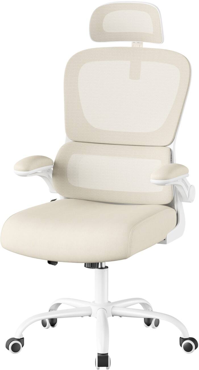 Siège de bureau SONGMICS Kime Mécanisme d'inclinaison Accoudoirs réglables en hauteur Siège réglable en hauteur Beige 120 kg