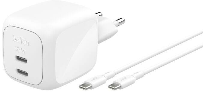 Belkin BoostCharge Pro Dual USB-C GaN Wandlader 67W 2 m USB-C naar USB-C-kabel Wit WCH020KQ2MWH-B6
