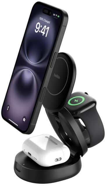 Belkin BoostCharge 3-in-1 Compact Magnetisch Draadloze oplader met Qi2 USB-C naar USB-C-kabel 36W USB-C-voeding Zwart WIZ034KQBK