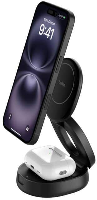 Belkin BoostCharge 2-in-1 Convertible Magnetisch Draadloze oplader met Qi2 1.5 m USB-C naar USB-C-kabel 30W USB-C-voeding Zwart WIZ035KQBK