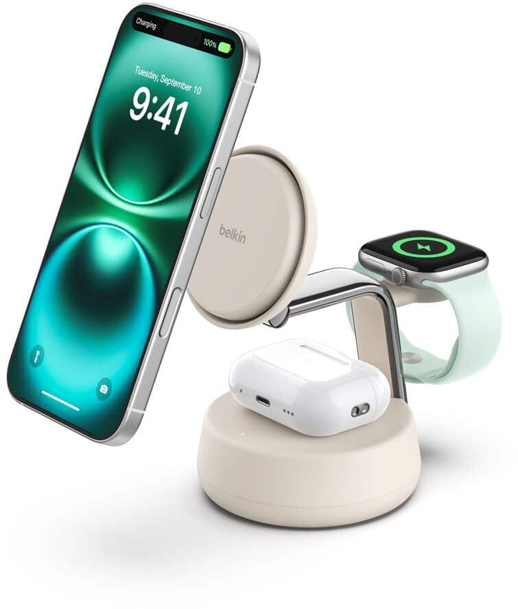 Belkin UltraCharge Pro 3-in-1 Magnetisch Draadloze oplader 1,5 m USB-C naar USB-C-kabel 45W USB-C-voeding Zandkleur WIZ040KQSD