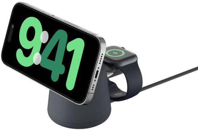 Belkin BoostCharge Pro 2-in-1 Draadloze oplader met Qi2 15W en 30W Stroomadapter met geïntegreerde gevlochten USB-C-kabel Houtskool WIZ027VFH36