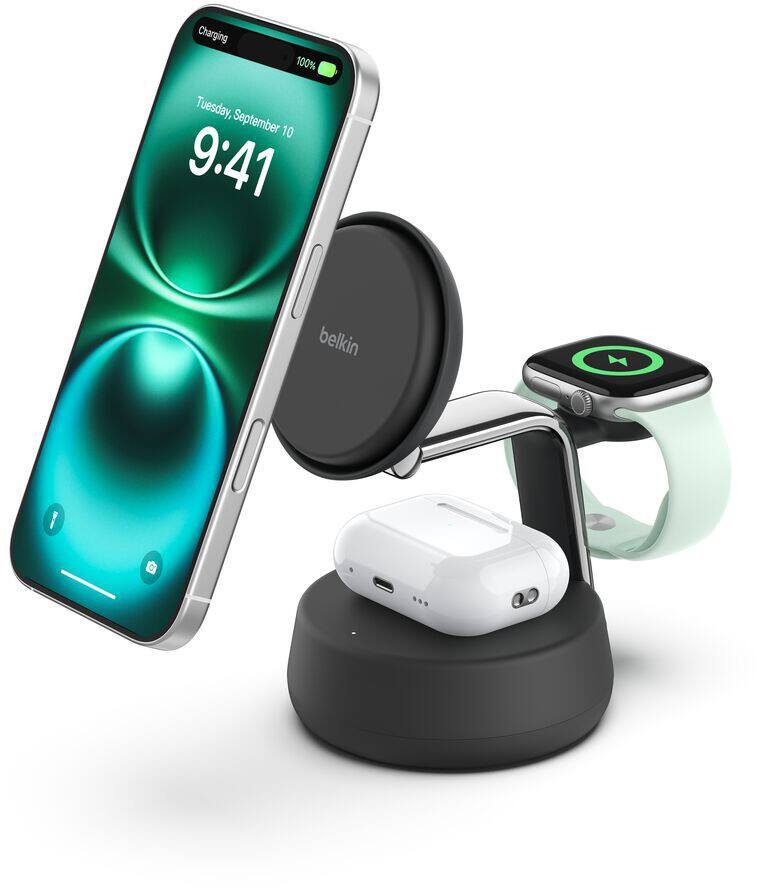 Belkin UltraCharge Pro 3-in-1 Magnetisch Draadloze oplader 1,5 m USB-C naar USB-C-kabel 45W USB-C-voeding Houtskool WIZ040KQCH