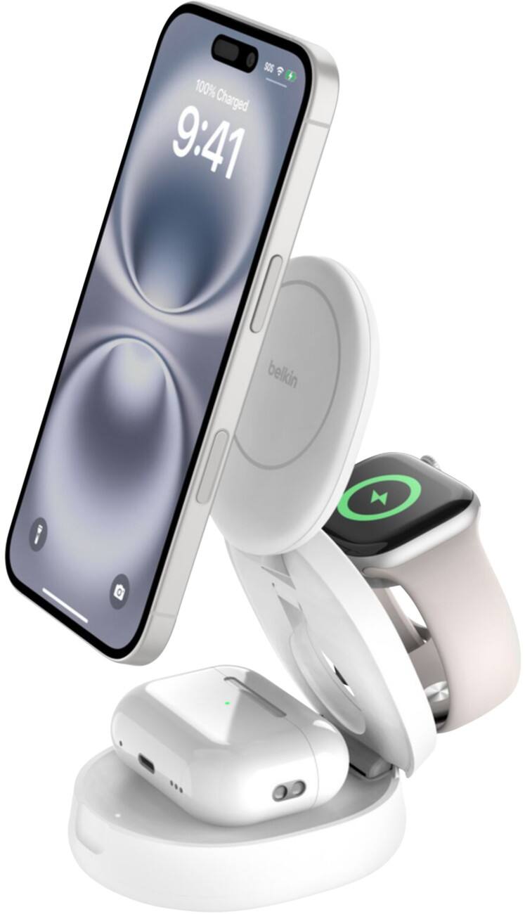 Belkin BoostCharge 3-in-1 Compact Magnetisch Draadloze oplader met Qi2 USB-C naar USB-C-kabel 36W USB-C-voeding Wit WIZ034KQWH