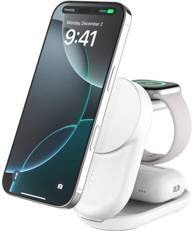 Belkin UltraCharge 3-in-1 Foldable Magnetisch Draadloze oplader 1,5 m USB-C naar USB-C-kabel 45W USB-C-voeding Snelstartgids Wit WIZ037KQWH