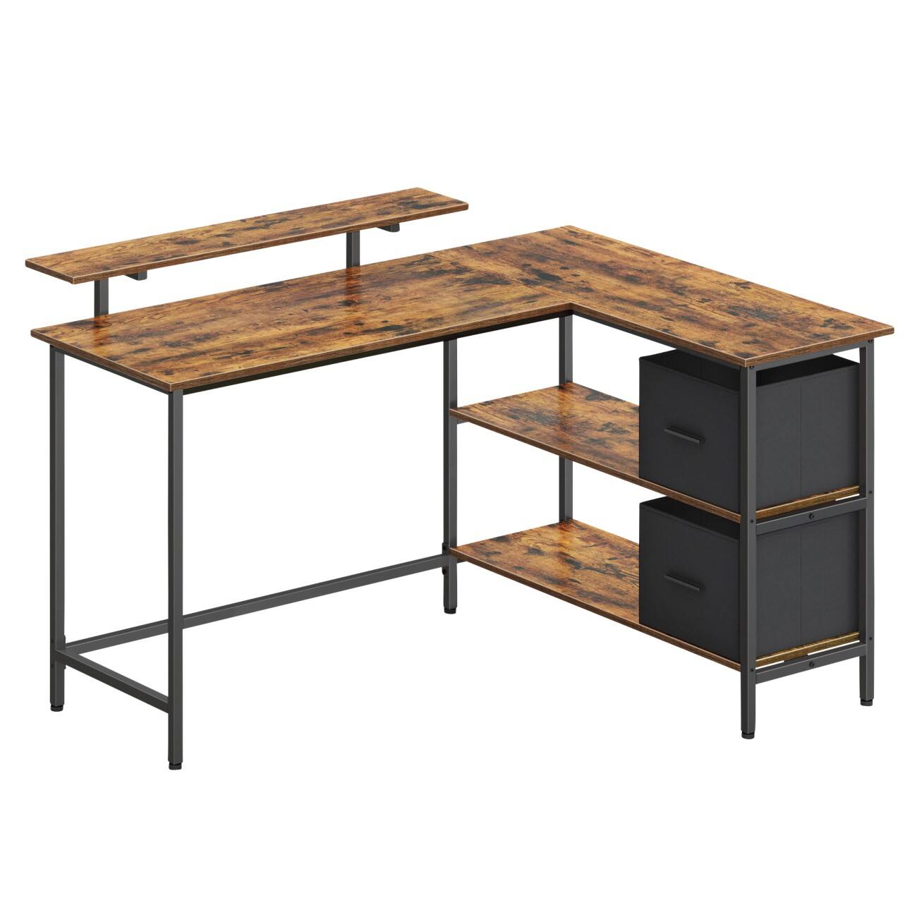 VASAGLE Computertafel L-vorm Vintage Bruin L-Voet 2 Lades 1,350 (B) x 1,050 (D) x 900 (H) mm PA (Polyamide), Spaanplaat, Staal, Stof
