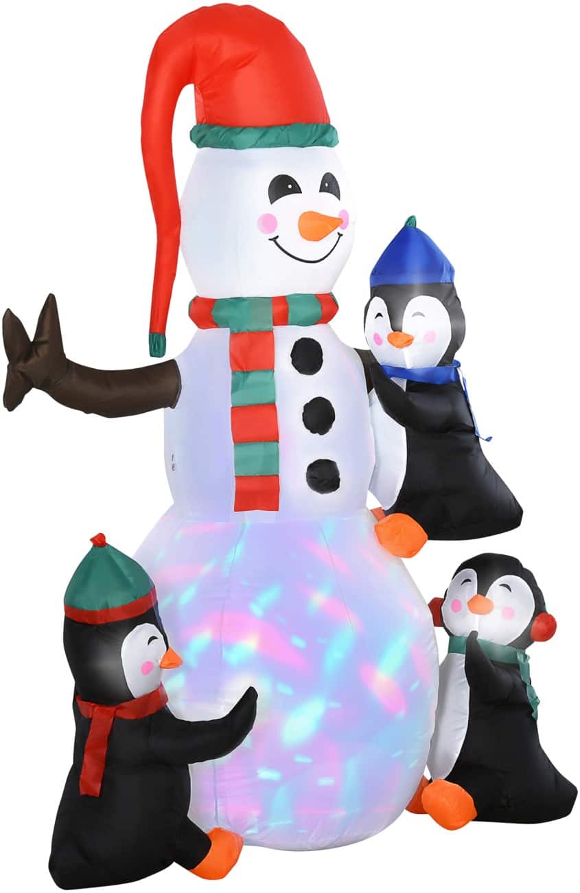 Décoration gonflable de Noël HOMCOM Bonhomme de neige avec trois pingouins Avec souffleur et lampes LED 140 x 70 x 180 cm